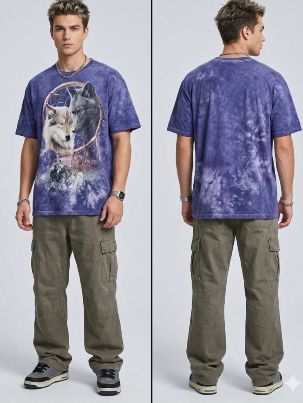 Vtg The Mountain Wolf Mate Dream Catcher Y2K Grunge Blue Tie Dye Tee Shirt 2X
